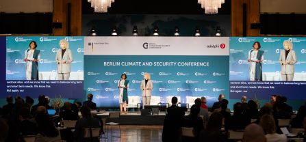 From left to right, Janani Vivekananda (Head of Programme Climate Diplomacy and Security, adelphi) and H.E. Jennifer Morgan (State Secretary and Special Envoy for International Climate Action, German Federal Foreign Office) on the stage, opening BCSC 2024 Janani Vivekananda and Jennifer Morgan on the stage, opening the event