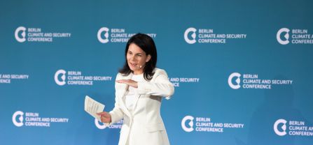 H.E. Annalena Baerbock (Federal Minister for Foreign Affairs of Germany) Picture of Annalena Baerbock, in the background is the logo of the Berlin Climate and Security Conference