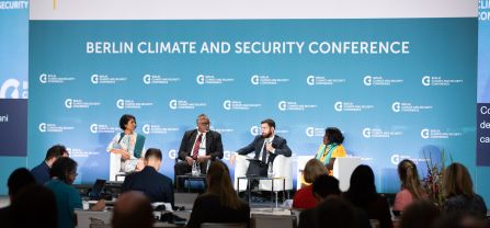 From left to right, Janani Vivekananda (Head of Programme Climate Diplomacy and Security, adelphi), H.E. Mohamed Abdi Ware (Deputy Executive Secretary, Inter-Governmental Authority on Development, IGAD), H.E. Vahan Kostanyan (Deputy Minister of Foreign Affairs of Armenia) and Helen Hakena (Co-founder, Leitana Nehan Women's Development Agency) Wide shot of second panel of BCSC2024