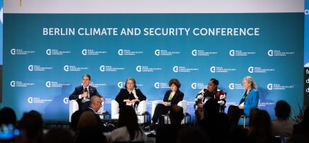 From left to right, David Miliband (President and CEO, International Rescue Committee, IRC), Hiroko Hirahara (Director of Civil Affairs Division, United Nations Mission in South Sudan, UNMISS), Anne Witkowsky (Assistant Secretary, Bureau of Conflict and Stabilization Operations of the United States Department of State), and Gerty Pierre (Climate Change Director, Ministry of Environment of Haiti) Wide shot of panel and audience infront at BCSC2024