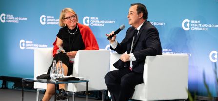 From left to right, Christina Wegelein (German Federal Foreign Office) and H.E. Amb. Elshad Iskandarov (Special Envoy of the Ministry of Foreign Affairs of Azerbaijan) Male speaker speaking in he mic on panel of BCSC2024