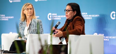 From left to right, H.E. Amb. Dr. Smiljana Knez (Ambassador-at-Large for Climate Diplomacy of Slovenia) and H.E. Amb. Carolyn Rodrigues-Birkett (Permanent Representative of Guyana to the United Nations) Female speaker speaking in he mic on panel of BCSC2024
