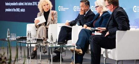 From left to right, H.E. Jennifer Morgan (State Secretary and Special Envoy for International Climate Action, German Federal Foreign Office), H.E. Dr. Dino Patti Djalal (Founder, Foreign Policy Community of Indonesia), Erin Sikorsky (Director, The Center for Climate and Security) and Dr. Ole Diehl (Vice President of the German Federal Intelligence Service, BND) First panel, Jennifer Morgan and 3 panel guests