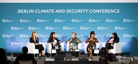 From left to right, Emma Whitaker (adelphi), Elizabeth Carabine (UN Office of the Special Envoy of the Secretary-General for the Horn of Africa), Almut Wieland-Karimi (Member of the Advisory Board of the UN Peacebuilding Fund & Stiftung Mercator & Weathering Risk), Hon. Bogolo Joy Kenewendo (Managing Director, Kenewendo Advisory) and Swathi Veeravalli (National Security Council, USA) Panel discussion at BCSC2024