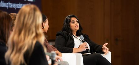 Swathi Veeravalli (Director of Climate Security and Adaptation, National Security Council, USA) Female speaker speaking in he mic on panel of BCSC2024