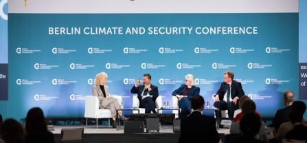 From left to right, H.E. Jennifer Morgan (State Secretary and Special Envoy for International Climate Action, German Federal Foreign Office), moderator of the panel, H.E. Dr. Dino Patti Djalal (Founder, Foreign Policy Community of Indonesia), Erin Sikorsky (Director, The Center for Climate and Security) and Dr. Ole Diehl (Vice President of the German Federal Intelligence Service, BND) Wide shot from first panel