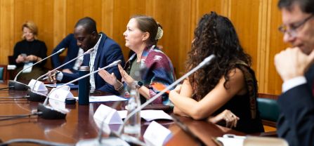 From left to right, Ibrahim Wambai (Clean Technology Hub), Lauren Herzer Risi (Wilson Center), Chiara Buzzico (Mercy Corps) and Andrew Hyde (The Stimson Center) Breakoutsession at BCSC2024, participants discussing