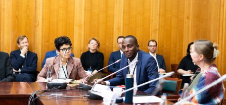 From left to right, Laura Aumeer (Conciliation Resources), Ibrahim Wambai (Clean Technology Hub) and Lauren Herzer Risi (Wilson Center) Breakoutsession at BCSC2024, participants discussing