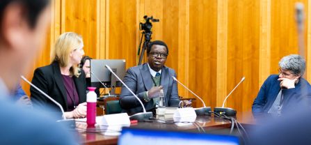 From left to right, Siobhan O’Neil (United Nations Institute for Disarmament Research, UNIDIR) and Remadji Hoinathy (Institute for Security Studies, ISS Africa) Breakoutsession at BCSC2024, participants discussing