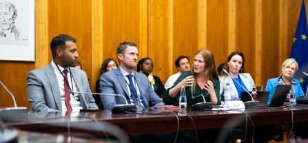 From left to right, Joseph Freeley (EEAS) and Heloise Heyer speaking (Peace Nexus Foundation) Breakout session, participants discussing at BCSC2024