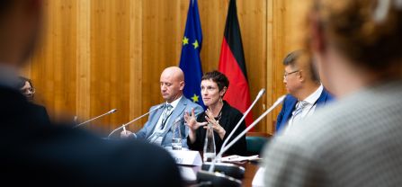 From left to right, Dr. Elton Qendro (Organization for Security and Co-operation in Europe, OSCE Presence in Albania), Beatrice Mosello (adelphi) and Utchang Kang (United Nations Convention to Combat Desertification, UNCCD) Breakout Session, discussion at BCSC2024