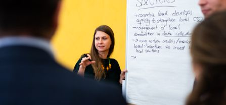 Maria Krisch (United Nations Women’s Peace and Humanitarian Fund, WPHF) Breakoutsession, participant writing Solutions on a pinboard BCSC2024