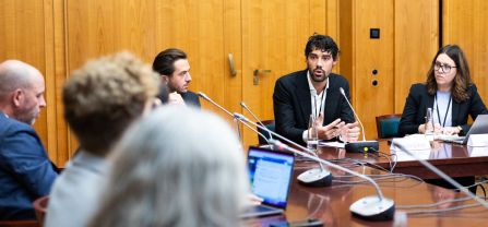From left to right, Clément Iraola (adelphi), Lucas Destrijcker (United Nations Mission In South Sudan, UNMISS) and Mirjam Sørli (NORCAP, Norwegian Refugee Council, NRC) Breakoutsession, participants discussing, BCSC2024