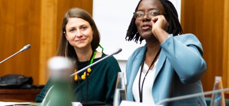From left to right, Maria Krisch (United Nations Women’s Peace and Humanitarian Fund, WPHF) and Winfred Mugambwa (Executive Director, Rights 4 Her Uganda) Breakoutsession, two speakers at BCSC2024