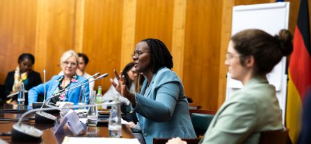 Winfred Mugambwa speaking (Executive Director, Rights 4 Her Uganda) Breakoutsession, Participants discussing at BCSC2024